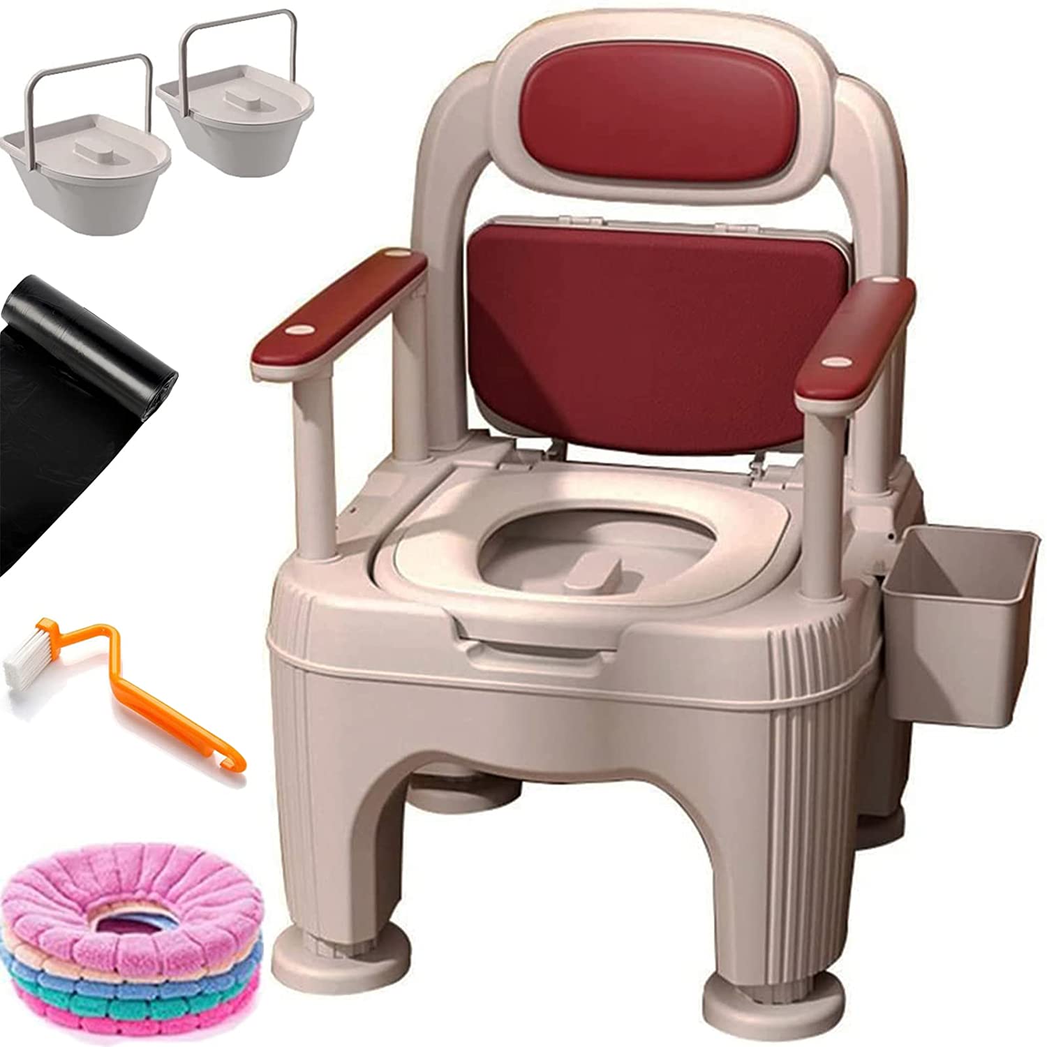 Bedside Commode Chair Portable Toilet With Adjustable Height (Red