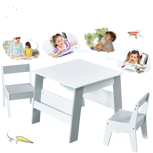Kids Table and Chairs Set with Storage Space Wooden Activity