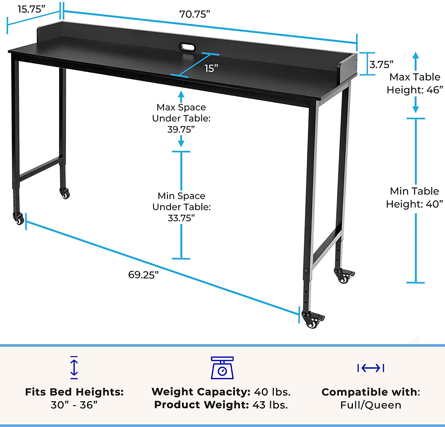 Overbed Table with Wheels Height Adjustable Rolling Bed Desk Table