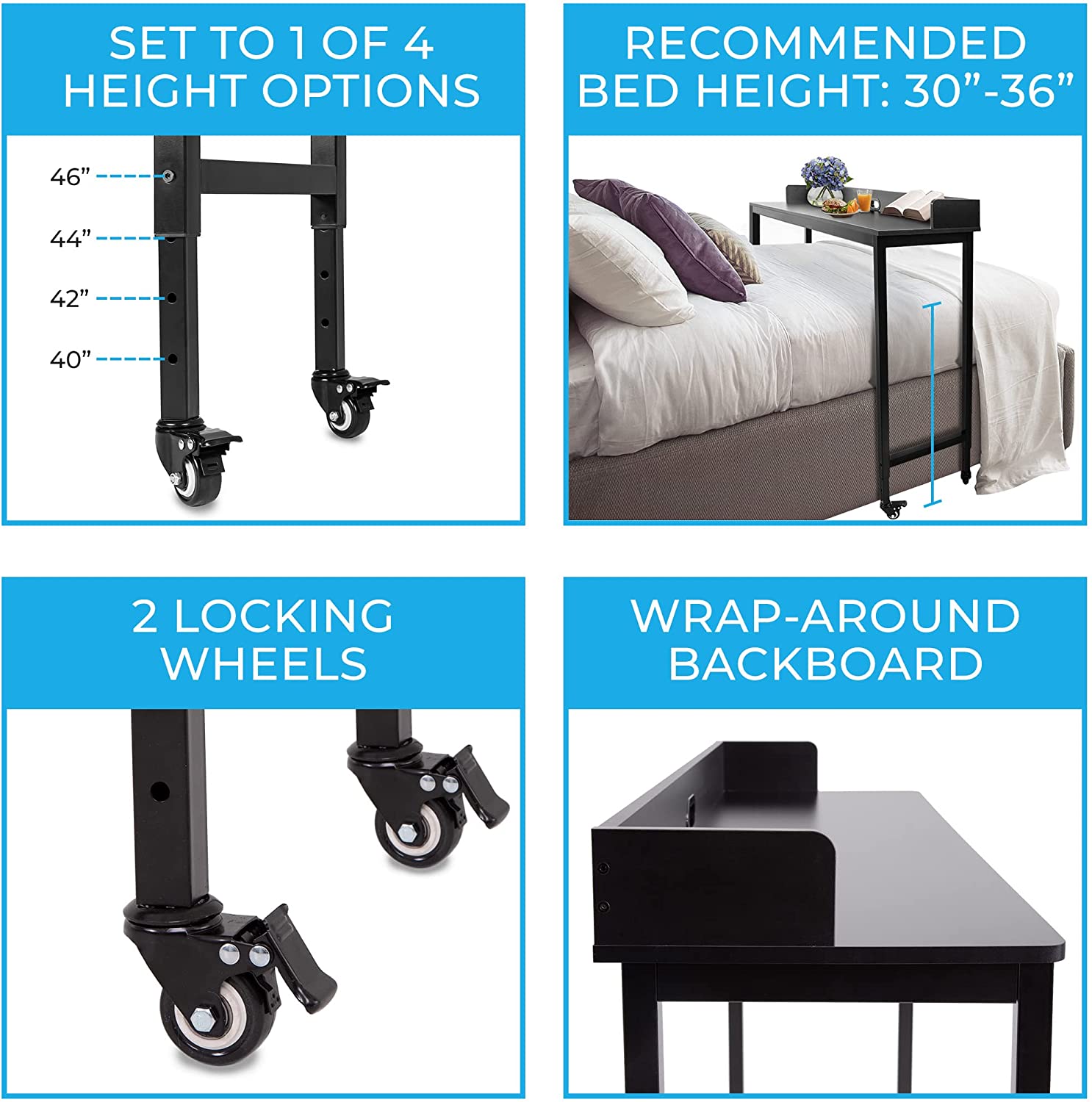 Overbed Table with Wheels Height Adjustable Rolling Bed Desk Table