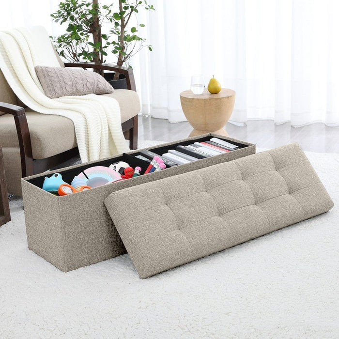 Foldable Tufted Linen Large Storage Ottoman Bench Foot Rest Stool/Seat - 15" x 45" x 15"