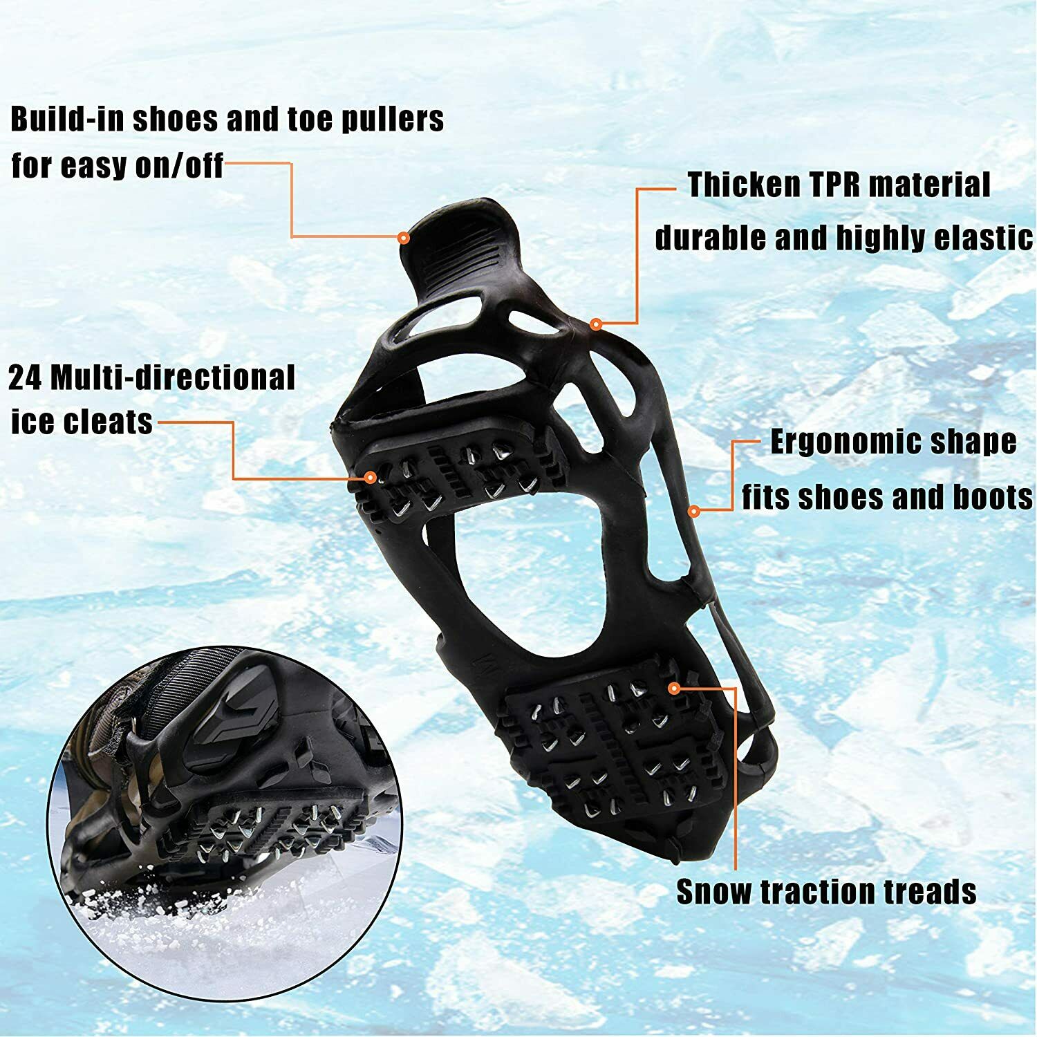 Ice Cleats 24 Teeth Spikes Crampons, Ice Snow Grips Cleats Crampons for Hiking Fishing